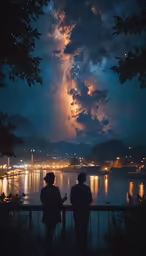 two people are sitting under the stars while looking at a field