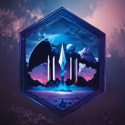 a stylized image of sci world with mountains and city lights,this is a graphic depicting a space station with three buildings and a space ship