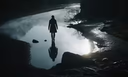 a woman in a dark dress looking into the distance