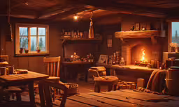 the cozy and rustic cabin is lit up by candles,there is a large fireplace inside of this room