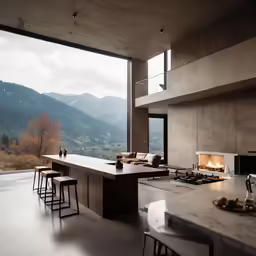 the bar area in a modern house overlooks mountains