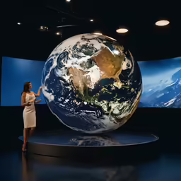 a woman standing in front of a television displaying the earth