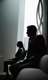 two men sitting in chairs in a room