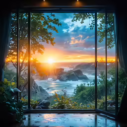 a window view looking out over a beach