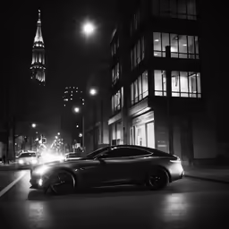 car parked in front of tall buildings in the city at night