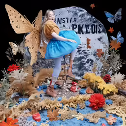 a young girl dressed in an orange dress poses on a pedestal