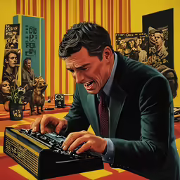 man playing on a keyboard and several different types of animated heads