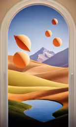 the desert is surrounded by many mountains and an arched window