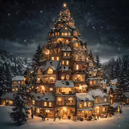 a large christmas tree made of many wooden buildings