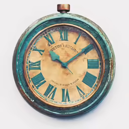 an old, broken green clock against a white background
