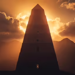 the sun sets behind a tall structure in the mountains