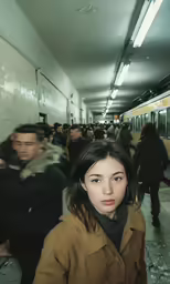 the subway platform at the train station has many people standing around