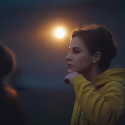 woman gazing at moon with a street light in background