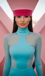 the woman is wearing a colorful hat and posing