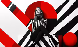 woman sitting in an abstract design with striped dress