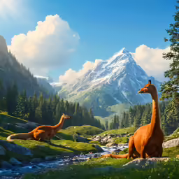 the three dinosaurs are all by themselves in the forest