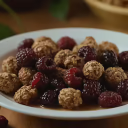 berries and oats sitting on a plate of cereal