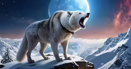 an image of a white wolf in the snow with mountains