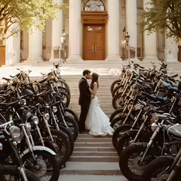 a couple stands on stairs next to rows of motorcycles
