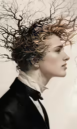 the man is in a suit and tie, with branches on his head