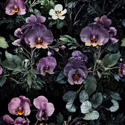 there are purple and white flowers that are in front of some green leaves