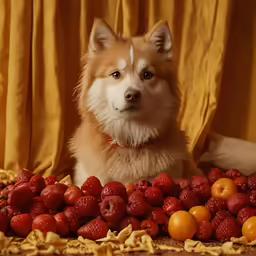 a close up of a dog with fruit on the ground