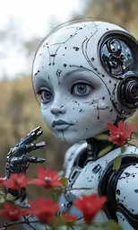a close up of a robot with an eye patch and a plant