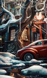 an old car parked on the snow near a big house