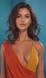 a woman with dark hair and orange top