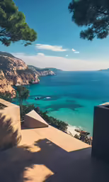 an outdoor lounge with a view of the ocean and the mountains