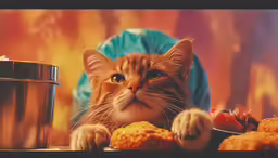 an orange cat sitting in front of a table full of food