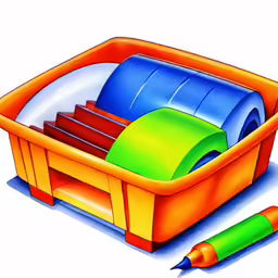 a drawing of a plastic tub with markers and papers in it