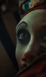 the face of a demonic clown with blue eyes
