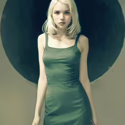 woman with green dress looking serious in front of circular background