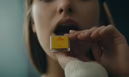 a woman holding a small square object with the word march spelled on it