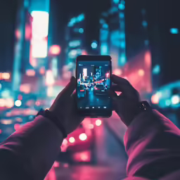 the person taking a photo with his phone of a city street