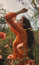 a woman standing in flowers wearing an orange dress