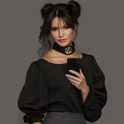 a woman holding a cellphone wearing a black shirt