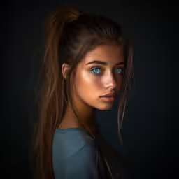 a woman with long hair and blue eyes poses for the camera,a young woman with a high ponytail in a black room