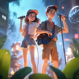 an animation boy and a girl stand in front of a microphone