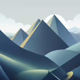 abstract painting of blue mountains and sky with white clouds