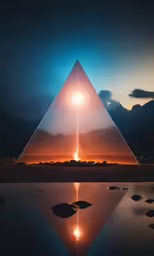 a sun shining through a pyramid with the reflection of rocks and water on it