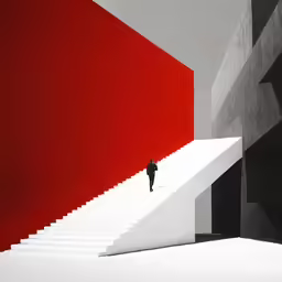 person climbing the stairs in front of a red background