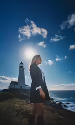 a woman in boots and a suit stands near the ocean