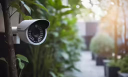 a white security camera with plants in the background