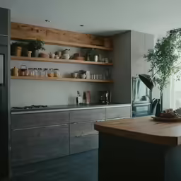 a kitchen with a counter, sink, and shelves of pots, food, and plates