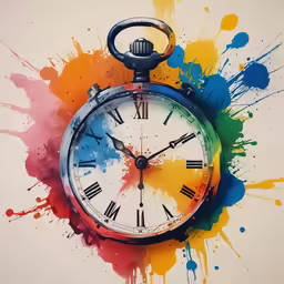 a clock is covered in colorful paint splatters