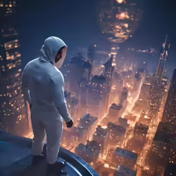 a man in white outfit standing on ledge of a building