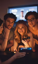 the people are looking at the cellphone on the table