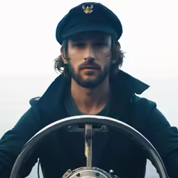 man wearing black hat and coat sitting in a boat steering wheel